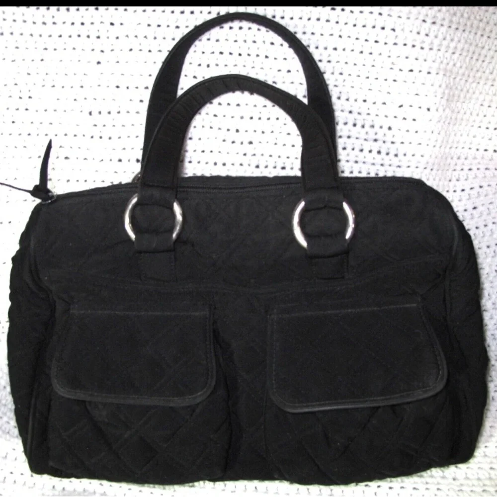 Vera Bradley Solid Black Cargo Satchel Bag Purse Quilted 2 out Pocket Retired EC - Picture 1 of 3